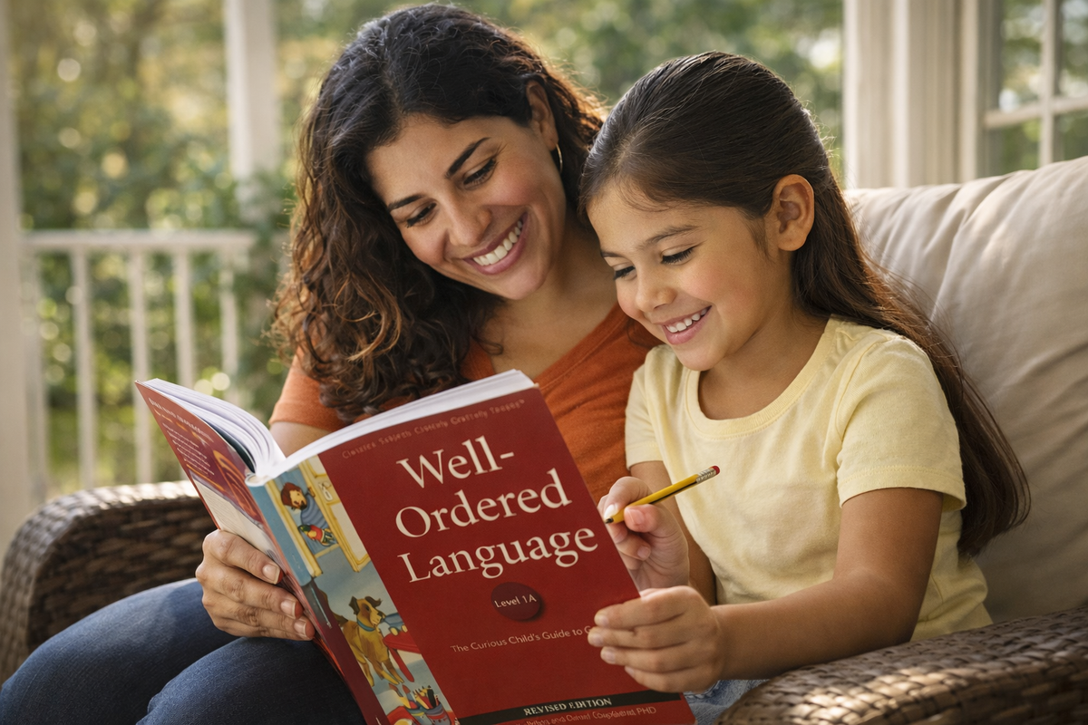 Mother and daughter working through a Well-Ordered Language lesson