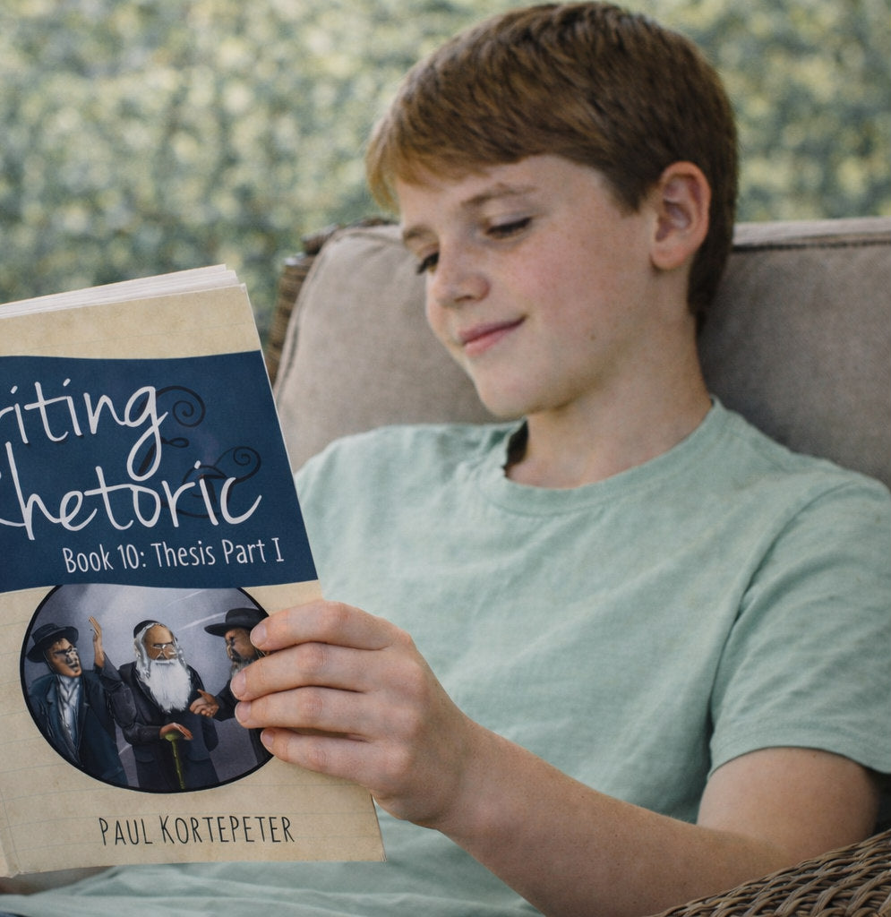 Boy reading a Writing & Rhetoric book in a chair