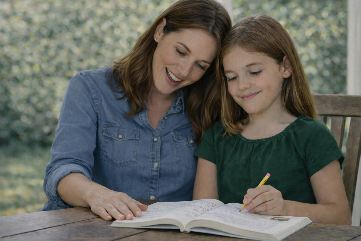 Mother and daughter working through a Writing & Rhetoric lesson