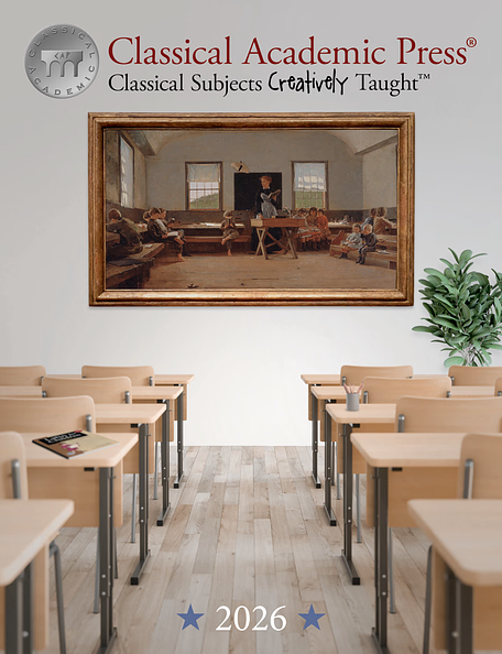 Classroom with wooden desks and a large framed picture on the wall, featuring the Classical Academic Press logo and text.