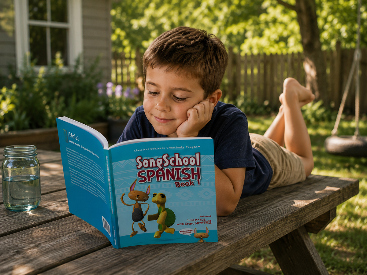 Boy reading Song School Spanish on a bench