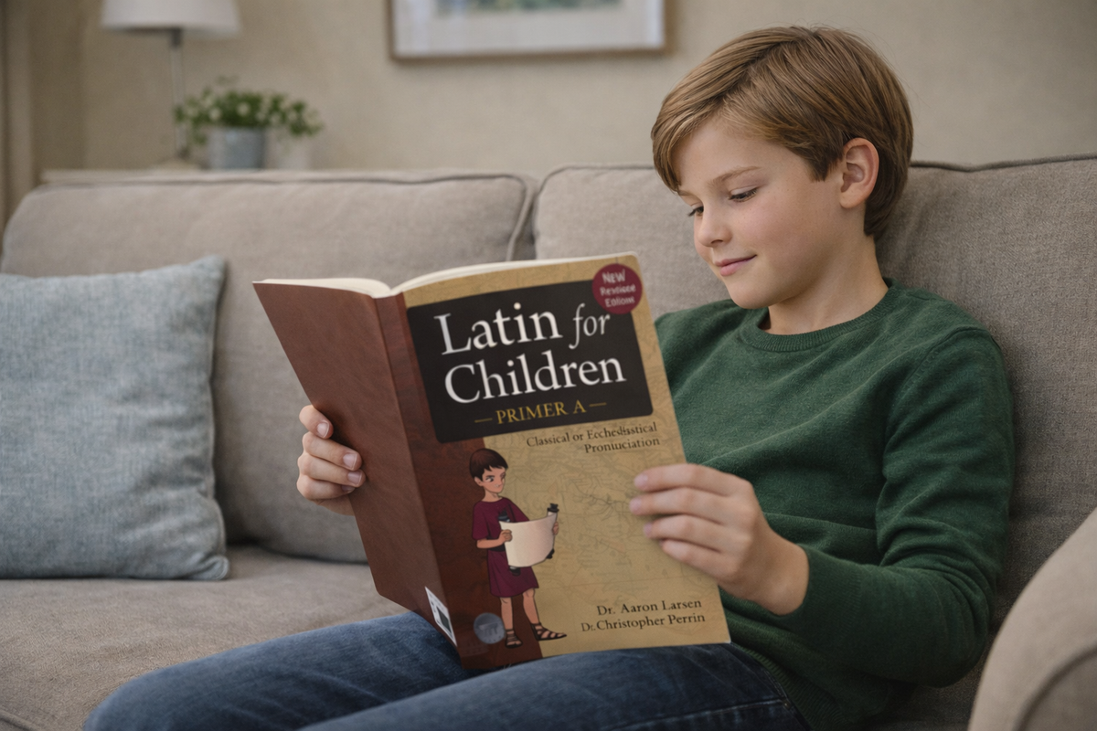 Boy at home reading Latin for Children, part of the classical homeschool latin curriculum