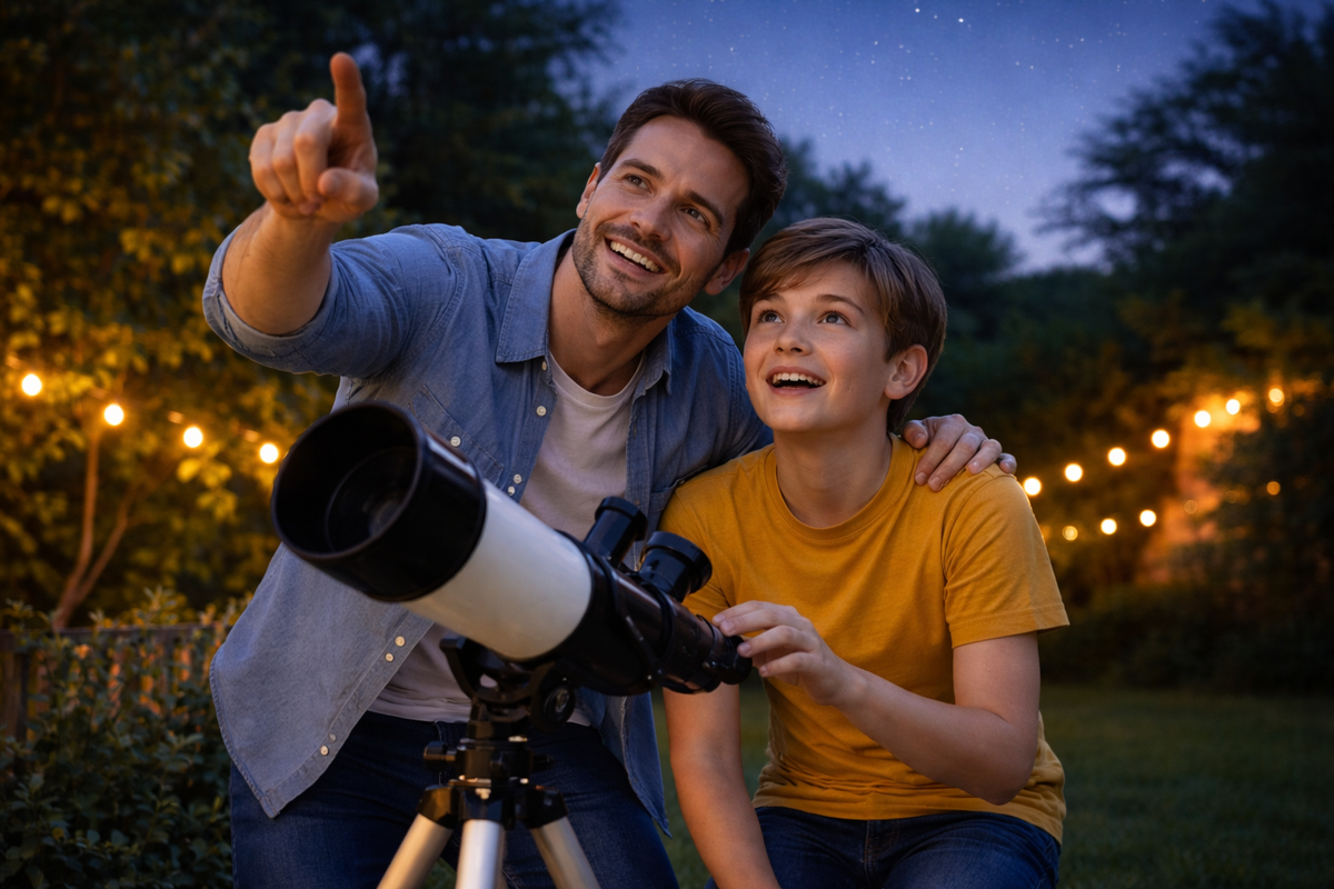 Boy and dad learning from a science classical education curriculum