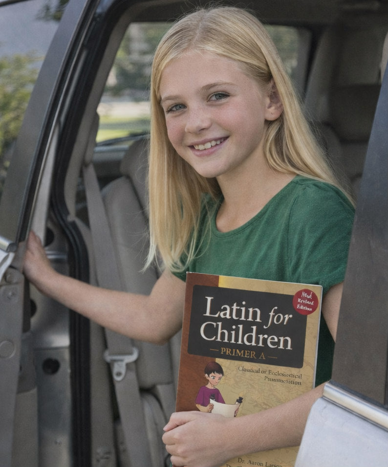 Girl reading Latin for Children in a van