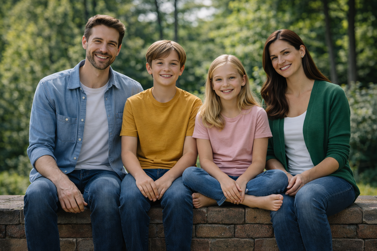 Family sitting on a wall reading together
