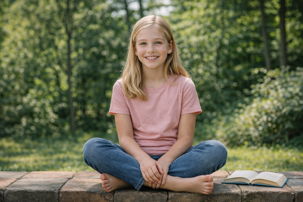 Girl sitting on a wall with a Latin book