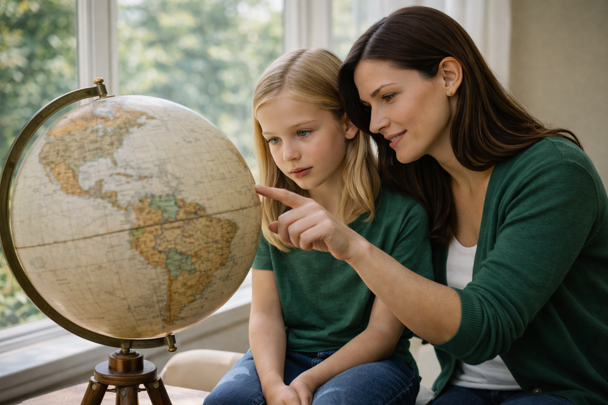 Mother and daughter exploring a globe together during a classical education homeschool lesson