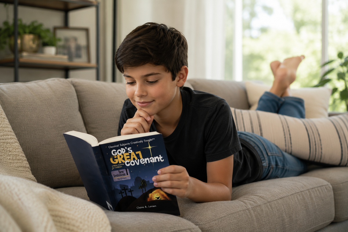 Boy reading God's Great Covenant on a couch