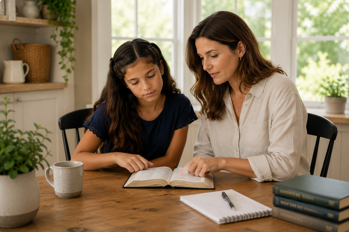 Mother and daughter studying God's Great Covenant