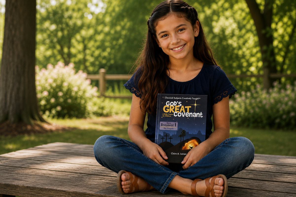 Girl on a bench reading God's Great Covenant New Testament