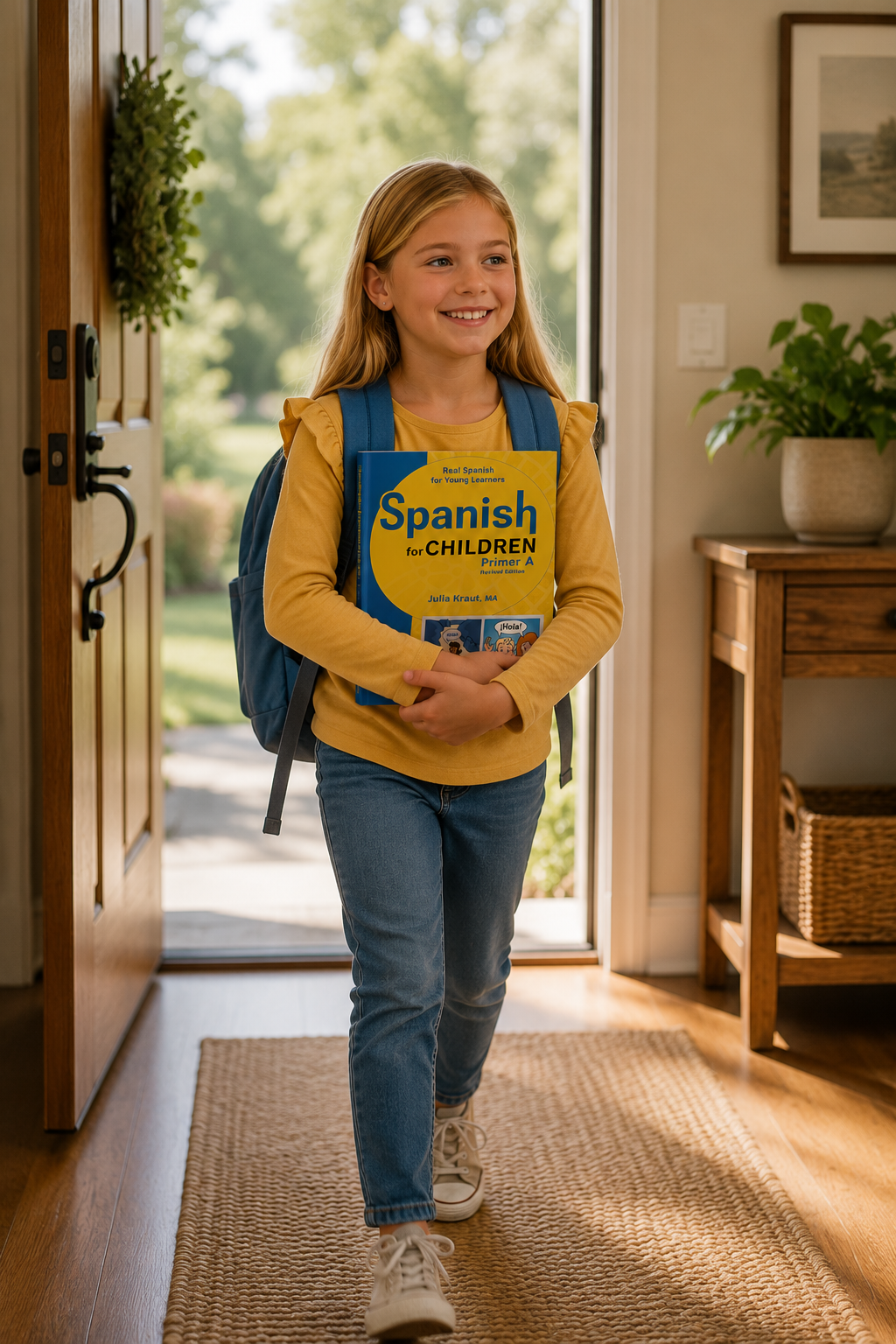Girl holding Spanish for Children Primer A