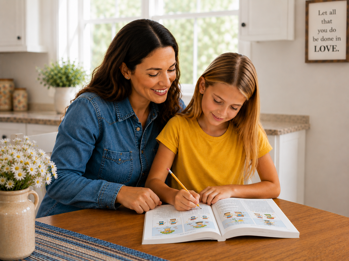 Girl with Spanish for Children in a kitchen
