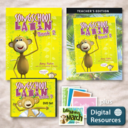 Collection of 'Songschool Latin Book 2' educational materials with monkey illustrations on a textured surface.